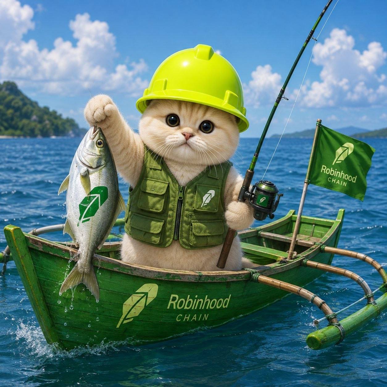 RobinhoodCat fishing from a green boat