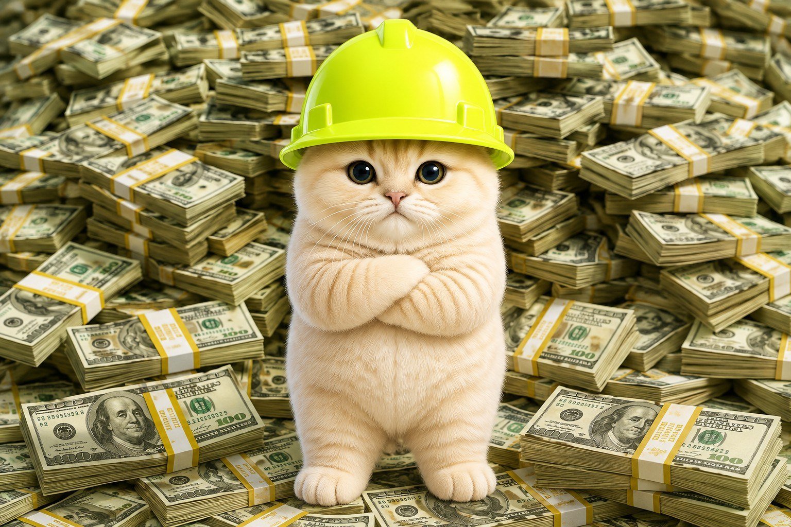 RobinhoodCat standing in front of stacks of cash