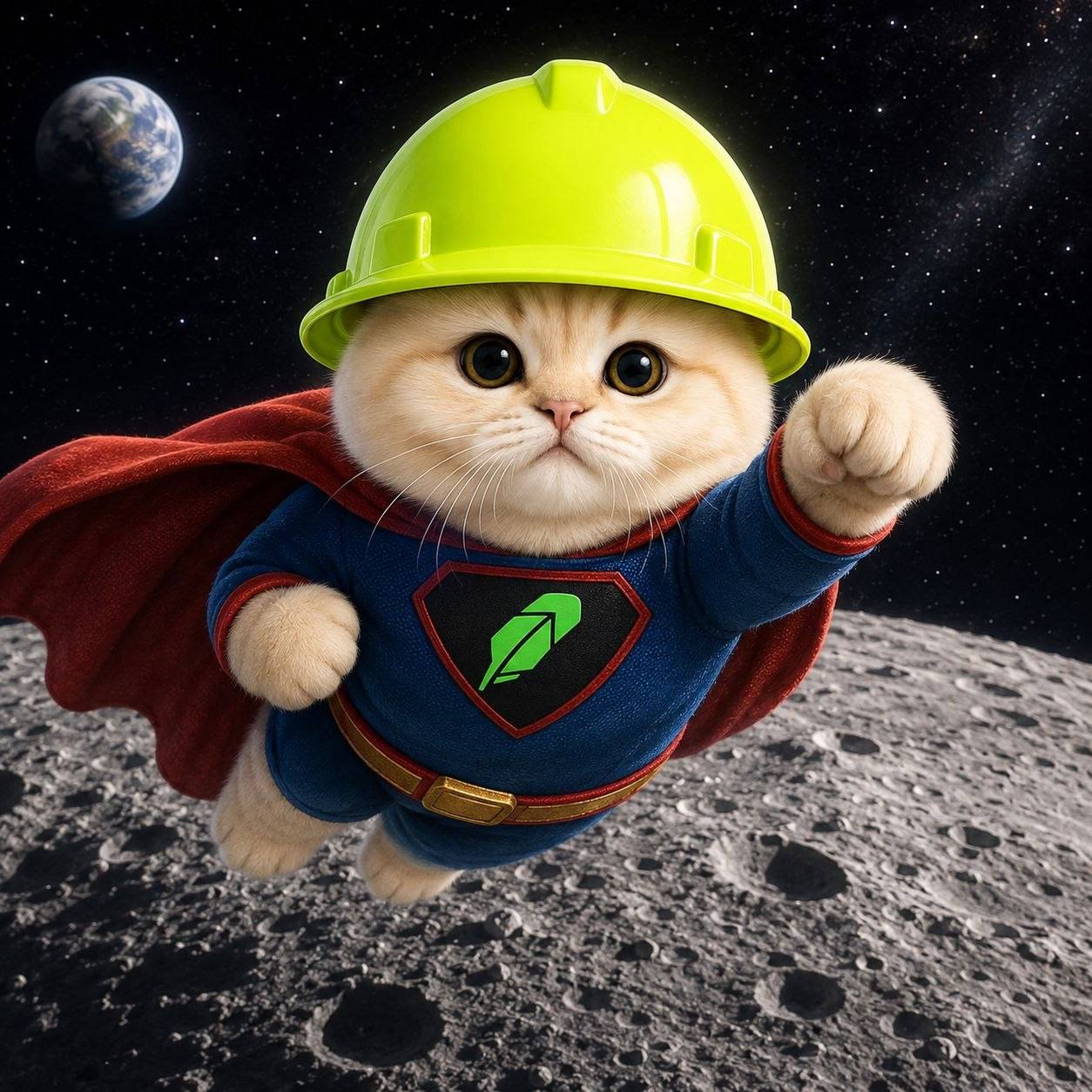 RobinhoodCat superhero flying over the moon